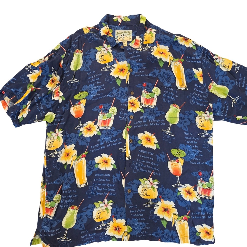 Big Dogs Mens Large Hawaiian Shirt Navy Blue Cocktail Drink rayon vintage y2k
